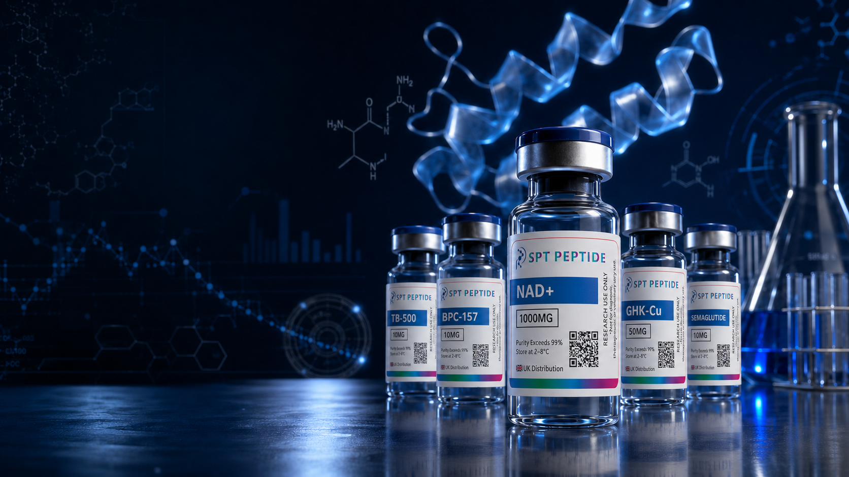 Scientific peptide research represented by laboratory vials and molecular structures
